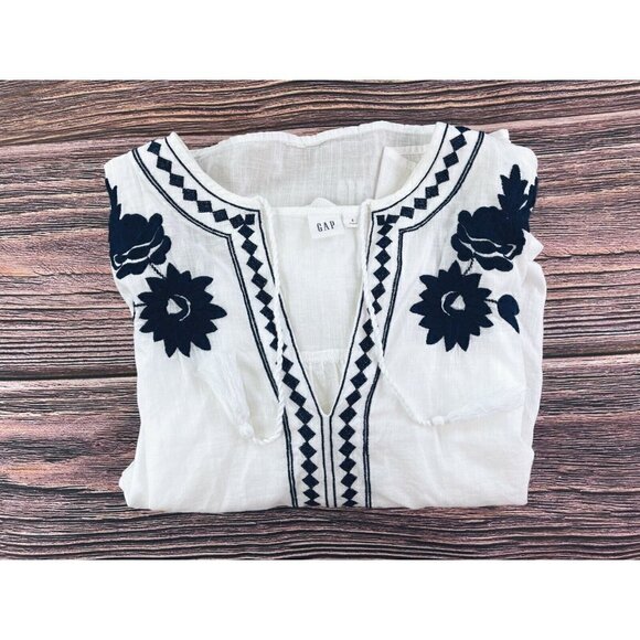 GAP Womens Sz S White Floral Embroidered Tunic Peasant Top Tassel Oversized Blue - Picture 9 of 11